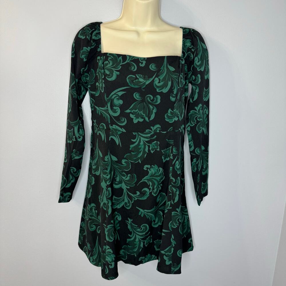 Abercrombie & Fitch Long-Sleeve Squareneck Mini Dress Green Floral Sz MP - Picture 9 of 10